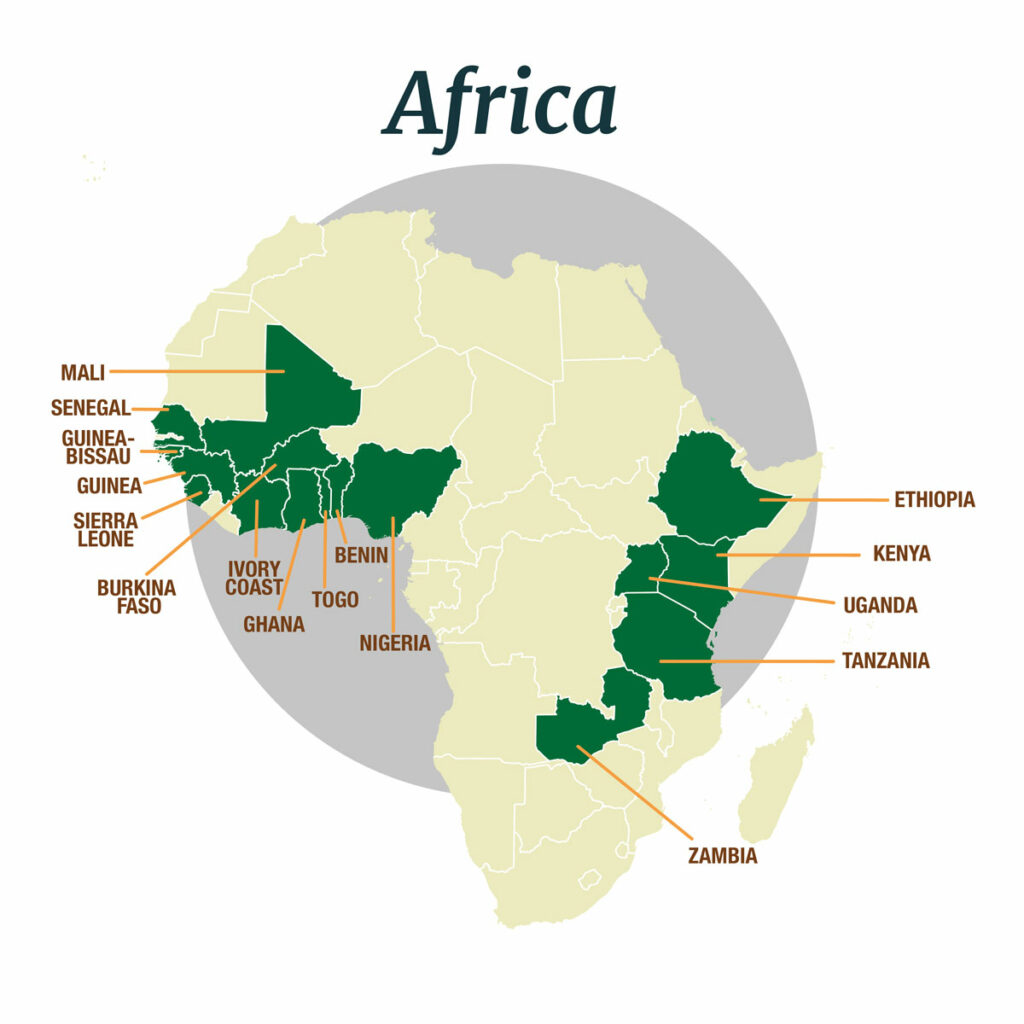 Map of the Africa countries where WISHH works: Mali, Senegal, Guinea Bissau, Guinea, Sierra Leone, Burkina Faso, Ivory Coast, Ghana, Togo, Benin, Nigeria, Zambia, Tanzania, Uganda, Kenya, Ethiopia