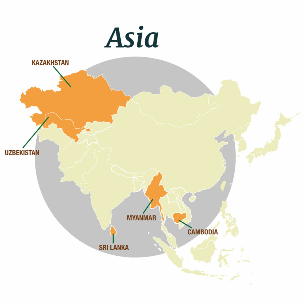 Map of the Asia countries where WISHH works: Kazakhstan, Uzbekistan, Myanmar, Cambodia, Sri Lanka