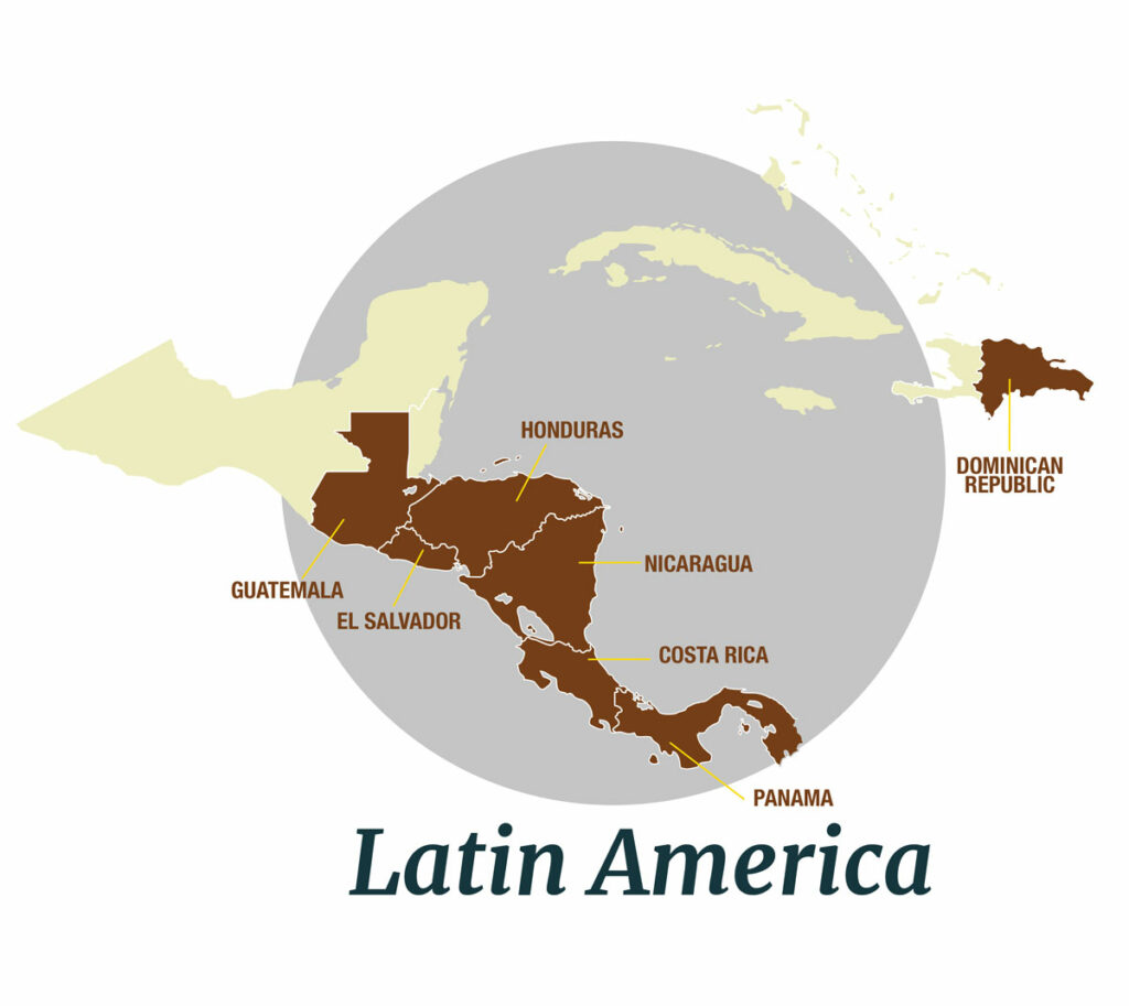Map of the Latin American countries where WISHH works: Guatemala, El Salvador, Honduras, Nicaragua, Costa Rica, Panama, and Dominica Republic