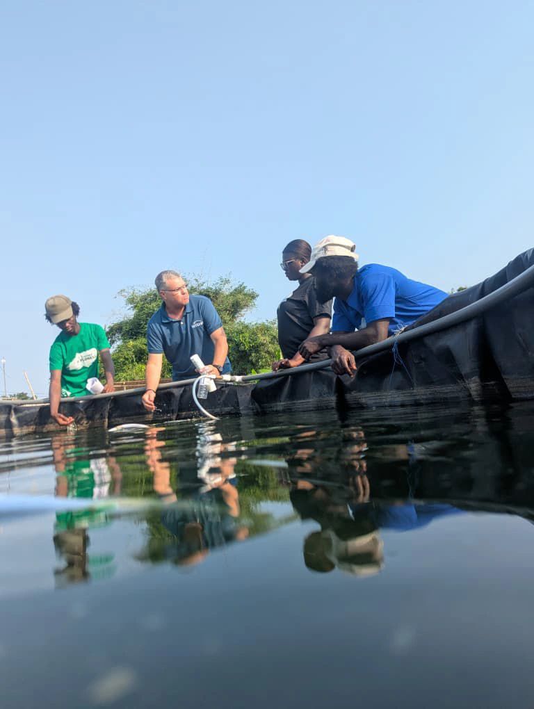 Three people crouched in front of a pond.