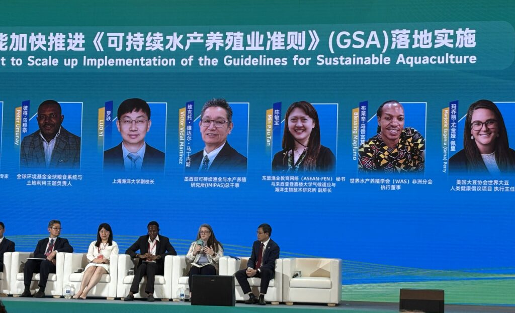 Five people sit on stage in front of a large screen.