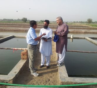 Three men speaking together at the aquaculture feed - Pakistan Case Study